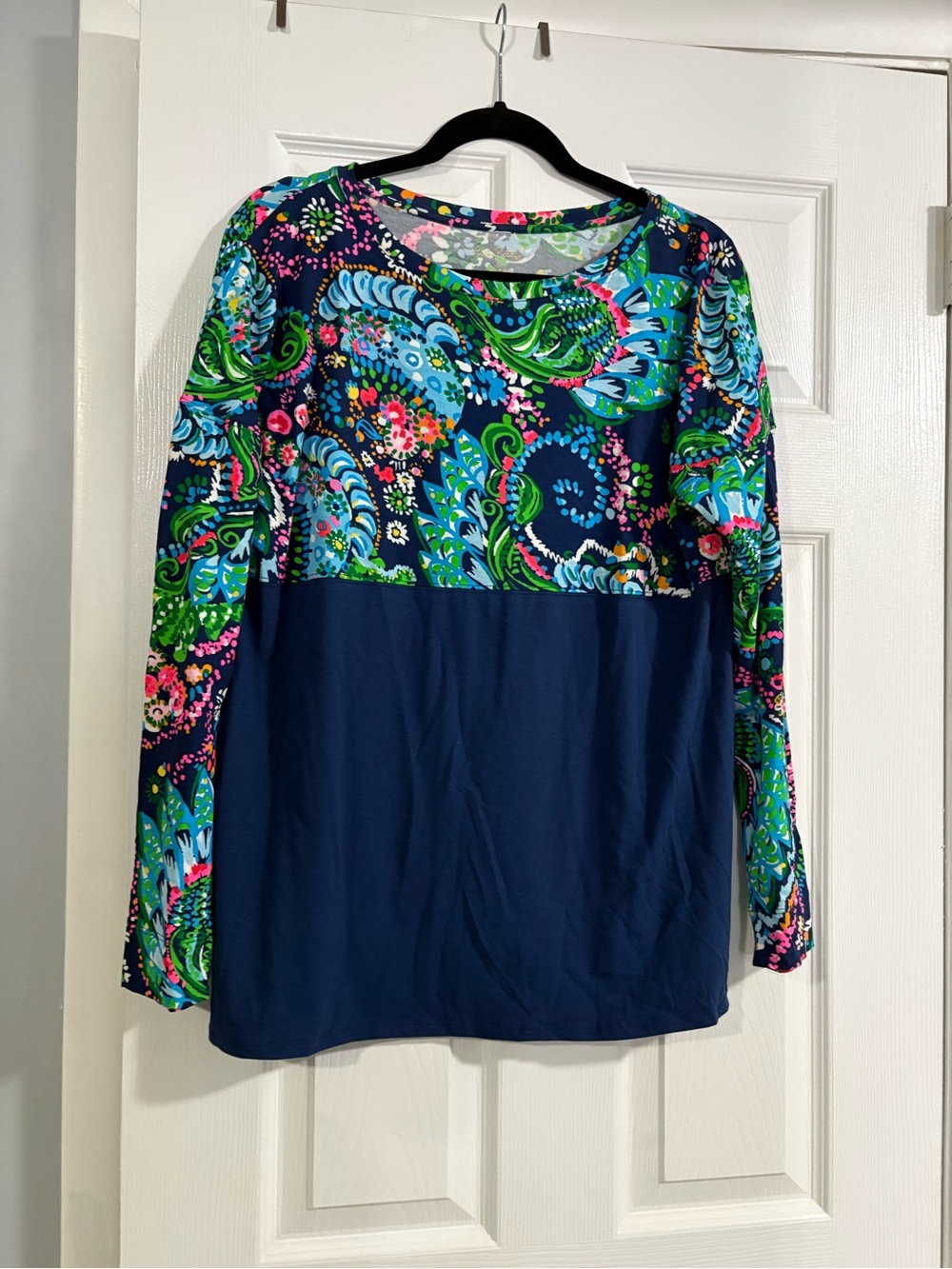 Lilly Pulitzer Navy and Multi Paisley-Panel Long Sleeve Top